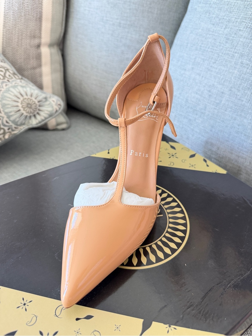 Aris Patent T-Strap Pointed Toe Pumps in Peach